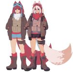  1girl animal_ears azuumori bandaid bandaid_on_cheek bandana boots brown_footwear brown_jacket bulletproof_vest closed_mouth goggles goggles_on_headwear hands_in_pockets jacket long_tail medium_hair multiple_views open_clothes open_jacket original pouch red_hair red_legwear scar scar_on_face scar_on_nose smile socks standing tactical_clothes tail thigh_strap white_background 