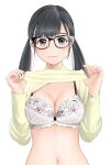  1girl absurdres bangs black_eyes black_hair blush bow bow_bra bra breasts cleavage closed_mouth clothes_lift commentary_request floral_print gibun_(sozoshu) glasses grey_eyes highres lifted_by_self long_hair long_sleeves looking_at_viewer medium_breasts navel original ribbed_sweater simple_background smile solo stomach sweater sweater_lift twintails underwear upper_body white_background white_bra yellow_sweater 