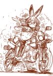  1girl absurdres dirtbike dust floating_hair glasses ground_vehicle highres hololive hood hoodie long_hair looking_at_viewer mizukiri_fuurai monochrome motor_vehicle motorcycle roboco-san sketch solo virtual_youtuber white_background 