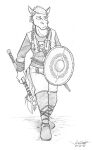  2021 anthro axe boots bottomwear braided_hair clothed clothing equid equine female footwear fully_clothed greyscale hair holding_object holding_shield holding_weapon horse looking_aside mammal melee_weapon monochrome pants pigtails pony rabbi-tom red_shetland shetland_pony shield simple_background solo standing topwear weapon 