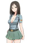  1girl alternate_costume aoshidan_school_uniform bangs belt black_belt black_hair blue_eyes blue_shirt blush breasts cleavage closed_mouth collared_shirt commentary cowboy_shot girls_und_panzer green_skirt hand_on_hip highres large_breasts light_frown long_hair looking_at_viewer miniskirt nasunael nonna_(girls_und_panzer) partially_unbuttoned pleated_skirt school_uniform shirt short_sleeves simple_background skirt solo spanish_flag standing suspender_skirt suspenders swept_bangs white_background 