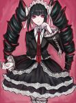  1girl akitsu_(davis0527dx) bangs black_hair black_jacket black_nails black_skirt bonnet celestia_ludenberg collared_shirt colored_inner_hair commentary_request cowboy_shot danganronpa:_trigger_happy_havoc danganronpa_(series) drill_hair earrings frills gothic_lolita gradient gradient_background hairband highres jacket jewelry lace-trimmed_skirt lace_trim layered_skirt lolita_fashion long_hair long_sleeves looking_at_viewer multicolored_hair nail_polish necktie pink_background pink_hair print_neckwear red_eyes red_neckwear shirt skirt smile solo thighhighs twin_drills twintails white_shirt zettai_ryouiki 