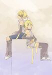  1boy 1girl absurdres bangs bare_shoulders belt black_shorts black_sleeves blonde_hair bow breasts commentary d_futagosaikyou detached_sleeves from_side full_body green_eyes hair_bow hair_ornament hairclip highres kagamine_len kagamine_len_(append) kagamine_rin kagamine_rin_(append) leg_warmers light_smile looking_to_the_side shirt short_hair short_ponytail shorts sideways_glance sitting sleeveless sleeveless_shirt small_breasts spiked_hair stairs swept_bangs vocaloid vocaloid_(tda-type_ver) vocaloid_append white_bow white_shirt 
