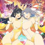  2girls aerial_fireworks animal_costume animal_ears black_hair blue_eyes blush bow breast_press breasts bunny_costume bunny_tail choker cleavage fireworks grey_hair hair_bow highres holding_hands huge_breasts ikaruga_(senran_kagura) interlocked_fingers large_breasts light_blue_eyes long_hair multiple_girls navel official_art open_mouth senran_kagura senran_kagura_new_wave smile summer_festival symmetrical_docking tail yaegashi_nan yumi_(senran_kagura) 