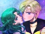  2girls aqua_eyes aqua_hair bishoujo_senshi_sailor_moon blonde_hair blue_eyes choker close-up dated earrings facing_another hoop_earrings jewelry kaiou_michiru merami multicolored multicolored_eyes multiple_girls pixie_cut sailor_neptune sailor_uranus short_hair ten&#039;ou_haruka tiara twitter_username very_short_hair wavy_hair 