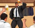  3boys bara beard beer_mug black_eyes black_hair bulge cheering cup drunk facial_hair formal grey_pants grey_suit holding holding_cup jacket jacket_removed lcebanon male_focus mug multiple_boys muscular muscular_male necktie original pants pectorals reward_available short_hair spiked_hair stubble thick_thighs thighs undercut undressing yaoi 