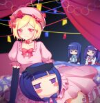  3girls :3 absurdres bead_necklace beads black_gloves blonde_hair blue_hair blue_ribbon bow character_pillow dress elbow_gloves frederica_bernkastel frilled_legwear frilled_sleeves frills furudo_erika gloves hair_ribbon hat highres horizontal_stripes jewelry lambdadelta multiple_girls necklace no_mouth pillow pink_dress pink_eyes pink_headwear pink_ribbon puffy_short_sleeves puffy_sleeves purple_eyes purple_hair red_bow red_ribbon ribbon short_hair short_sleeves sitting socks striped striped_legwear umineko_no_naku_koro_ni xiaoaxiesiyangyuan 