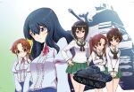  5girls arm_garter bangs black_choker black_eyes black_hair black_neckwear black_ribbon blouse blue_shirt blue_skirt bob_cut bow brown_eyes brown_hair cavalry_tank center_frills choker closed_mouth collared_shirt commentary crossed_arms eclair_(girls_und_panzer) eyebrows_visible_through_hair fondue_(girls_und_panzer) frills frown girls_und_panzer girls_und_panzer_gekitou!_maginot-sen_desu!! glasses gradient gradient_background green_background green_skirt ground_vehicle hair_bow hair_ribbon hands_on_hips highres kadotani_anzu kawashima_momo koyama_yuzu long_hair long_sleeves looking_at_viewer maginot_school_uniform medium_hair military military_vehicle miniskirt monocle motor_vehicle multiple_girls neck_ribbon neckerchief ooarai_school_uniform panzerkampfwagen_38(t) parted_bangs pleated_skirt ponytail puffy_short_sleeves puffy_sleeves red_neckwear ribbon rimless_eyewear sailor_collar saitaniya_ryouichi school_uniform semi-rimless_eyewear serafuku shirt short_hair short_sleeves skirt smile standing tank twintails under-rim_eyewear v_arms white_blouse white_sailor_collar wing_collar yellow_bow 