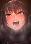  1girl blush bodysuit brown_eyes brown_hair from_above gimp_suit hair_between_eyes highres kilye_4421 looking_at_viewer looking_up open_mouth oral_invitation original short_hair skin_tight solo tongue tongue_out 