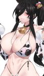  1girl animal_print bell bell_collar bikini black_hair bottomless breasts cleavage collar covered_nipples cow_print detached_sleeves grin highres large_breasts long_hair looking_at_viewer mimyo navel original ponytail simple_background smile solo sweatdrop swimsuit white_background 