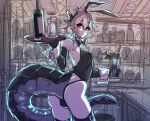  1boy alcohol ass bare_shoulders black_bow black_gloves bottle bow bulge closed cup dragon_tail drinking_straw elbow_gloves eyebrows_visible_through_hair eyes_visible_through_hair fate/apocrypha fate_(series) gloves hair_between_eyes haoro holding holding_cup holding_plate indoors looking_at_viewer looking_back male_focus pink_hair plate playboy_bunny red_eyes short_eyebrows sieg_(fate/apocrypha) sketch solo sweat tail 