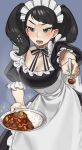 1girl absurdres apron bangs black_dress black_eyes black_hair blush breasts cleavage commission curry dress food frilled_dress frills highres holding holding_plate holding_spoon kawakami_sadayo maid maid_apron maid_headdress medium_hair nia_(nia4294) open_mouth persona persona_5 plate puffy_short_sleeves puffy_sleeves rice short_sleeves solo spoon twintails upper_body white_apron 