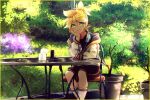  1boy aqua_eyes black_shorts blonde_hair bush commentary cup day ei_flow english_commentary head_rest highres jacket kagamine_len looking_at_viewer male_focus outdoors plant potted_plant short_ponytail shorts sitting smile solo spiked_hair vocaloid white_jacket 