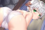  1girl ahoge aisha_(sennen_sensou_aigis) ass bent_over blush brown_hair cameltoe from_behind green_eyes looking_at_viewer looking_back multicolored_hair panties sennen_sensou_aigis shiny shiny_hair shiny_skin short_hair silver_hair solo topless torimaru trefoil two-tone_hair underwear 