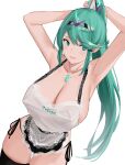  1girl apron areola_slip areolae armpits arms_behind_head arms_up bangs bare_shoulders black_legwear black_panties blush breasts chest_jewel cleavage collarbone green_eyes green_hair hair_ornament high_ponytail highres j@ck lace_trim large_breasts long_hair long_ponytail looking_at_viewer nearly_naked_apron panties pneuma_(xenoblade) ponytail sideboob sidelocks simple_background solo swept_bangs thighhighs thighs tiara underwear very_long_hair white_apron white_background xenoblade_chronicles_(series) xenoblade_chronicles_2 