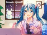  1girl aryuma772 blue_eyes blue_hair blue_shirt bottle cable clothes_rack commentary computer earphones hair_ornament hair_scrunchie hatsune_miku holding holding_bottle indoors jacket laptop open_mouth photo_(object) pink_jacket plant pocari_sweat purple_shirt scrunchie shirt sleeveless sleeveless_shirt smile snowing snowman table twintails upper_body vocaloid winter 