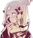  1girl abigail_williams_(fate/grand_order) bangs bow eyebrows_visible_through_hair fate/grand_order fate_(series) hair_bow hair_bun hand_up heroic_spirit_traveling_outfit highres jacket long_sleeves looking_away mask monochrome mouth_mask parted_bangs signature simple_background sleeves_past_wrists sofra solo twitter_username upper_body white_background 