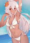  1girl :o arm_up armpits bangs bare_arms bare_shoulders bikini blue_sky blush breasts cleavage collarbone commentary_request dark_skin dark_skinned_female day eyebrows_visible_through_hair flower granblue_fantasy groin hair_between_eyes hair_flower hair_ornament hand_up highres horizon long_hair medium_breasts navel ocean open_mouth outdoors parted_lips red_eyes red_flower revision sky solo swimsuit thigh_gap uneg very_long_hair water water_drop wet white_bikini white_hair zooey_(granblue_fantasy) 