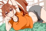  1girl animal_ears arm_support arm_up armpit_peek bangs blazblue blush breasts brown_eyes brown_hair casual chukachuka closed_mouth collarbone eyebrows_visible_through_hair hair_between_eyes highres large_breasts lying makoto_nanaya midriff navel on_stomach shorts smile solo squirrel_ears squirrel_girl squirrel_tail stomach tail 