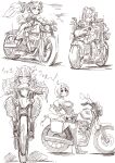  4girls absurdres ahoge akai_haato aki_rosenthal charging_forward detached_hair double_bun eyebrows_visible_through_hair greyscale ground_vehicle hatching_(texture) highres hololive leaning_back looking_at_viewer mizukiri_fuurai monochrome motion_lines motor_vehicle motorcycle multiple_girls short_hair short_sidetail sitting sketch smile twintails uruha_rushia v-shaped_eyebrows v-shaped_eyes virtual_youtuber white_background yozora_mel 