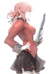  1girl braid breasts clipboard fate/grand_order fate_(series) florence_nightingale_(fate/grand_order) gloves hand_on_hip harutask highres large_breasts pantyhose pink_hair pleated_skirt profile red_eyes skirt white_background white_gloves white_legwear 
