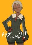  1girl arm_at_side copyright_name dark_skin dark_skinned_female facing_viewer flat_chest freckles gaolingmaoyi_guarien gloves hand_on_hip lal&#039;c_mellk_mal long_sleeves red_neckwear short_hair simple_background solo standing top_wo_nerae_2! white_hair yellow_background yellow_eyes 
