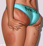  1girl absurdres aqua_panties ass bite_mark dark_skin hand_print hands_on_own_ass hickey highres nia_(nia4294) original panties shadow solo twitter_username underwear 