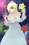  1girl black_eyes blonde_hair blue_eyes breasts collarbone crown dress earrings egg fingernails floating hair_over_one_eye highres holding holding_wand jewelry large_breasts long_hair lumine magister_(bearibop) mario_(series) off-shoulder_dress off_shoulder parted_lips pink_lips planet rosalina smile space sparkle star_(sky) star_(symbol) star_earrings super_mario_galaxy twitter_username wand watermark 
