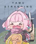  &gt;o&lt; ahoge baby backpack bag copyright_name crying death_stranding fang hair_ornament hair_over_one_eye harness idolmaster idolmaster_cinderella_girls multicolored_hair parody pill pink_hair pipe shirasaka_koume takato_kurosuke title_parody trembling two-tone_hair yumemi_riamu 