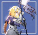  1girl armor armored_dress bangs banner blonde_hair blush braid breasts chain collar commentary_request crying fate/apocrypha fate/grand_order fate_(series) faulds flag gauntlets headpiece highres holding iws2525 jeanne_d&#039;arc_(fate) jeanne_d&#039;arc_(fate)_(all) large_breasts long_hair looking_down metal_collar plackart polearm sad solo tears very_long_hair weapon 