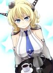  1girl black_gloves blonde_hair blue_background blue_eyes blue_neckwear breasts cafe capelet coffee coffee_cup coffee_pot colorado_(kantai_collection) cup disposable_cup dress elbow_gloves eyebrows_visible_through_hair garrison_cap gloves grey_capelet grey_dress grey_gloves grey_headwear hair_between_eyes hat headgear highres holding holding_tray jar kantai_collection large_breasts looking_at_viewer midori_no_ryokucha milk necktie pleated_dress saucer shirt short_hair side_braids sideboob sleeveless solo starry_background tray upper_body wavy_mouth white_shirt 