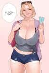  1girl absurdres bag blonde_hair blue_eyes bra_strap breasts cleavage denim denim_shorts english_text eyewear_on_head gigantic_breasts grey_shirt handbag highres mature midriff mole mole_on_breast original pink_background pink_sweater shirt short_hair short_shorts shorts smile speech_bubble standing sweater thejnsdh thighs 