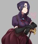  1girl 2021 agawa_ryou black_gloves breasts cane commentary dress elbow_gloves gloves green_eyes grey_background large_breasts long_hair looking_at_viewer looking_up original purple_hair simple_background solo 