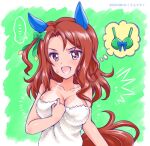  ... 1girl ^^^ animal_ears artist_name bangs bow bra breasts brown_hair cleavage commentary_request dated ear_covers green_background green_bra hair_bow horse_ears horse_girl horse_tail king_halo kuromori_yako large_breasts long_hair looking_at_viewer naked_towel notice_lines open_mouth red_eyes smile solo spoken_ellipsis standing sweatdrop swept_bangs tail tan tanline thought_bubble towel umamusume underwear upper_body white_towel 