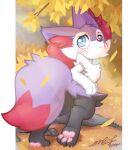  2021 3_toes ambiguous_gender autumn black_body black_fur blue_eyes blush braixen cheek_tuft chest_tuft facial_tuft feet freckles fur gingy_(gingy_k_fox) gingy_k_fox inner_ear_fluff looking_back nintendo outside pawpads paws pink_pawpads pok&eacute;mon pok&eacute;mon_(species) purple_body purple_fur red_body red_fur shaded shiny_pok&eacute;mon signature solo toes tuft video_games white_body white_fur 