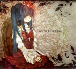  1girl blue_eyes blue_hair chair choker corset dress english_text flower frilled_dress frilled_sleeves frills furudo_erika hat hat_flower heca lace lace_choker layered_dress long_hair long_sleeves red_flower red_ribbon red_rose ribbon rose sitting solo twintails umineko_no_naku_koro_ni 