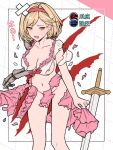  1girl bangs blonde_hair blush breasts cleavage collarbone djeeta_(granblue_fantasy) dress fighter_(granblue_fantasy) gauntlets granblue_fantasy hairband highres large_breasts ll_0109 looking_at_viewer navel open_mouth pink_dress pink_hairband short_hair sword thighs torn_clothes torn_dress weapon yellow_eyes 