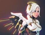  1girl blue_eyes blurry blurry_background bodysuit breasts closed_mouth commentary depth_of_field english_commentary lavelis mechanical_halo mechanical_wings medium_breasts mercy_(overwatch) overwatch_2 signature smile solo upper_body white_hair wings 