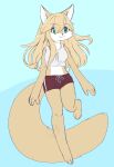  anthro barefoot blonde_hair blue_background bottomwear canid canine clothing crop_top drawstring fan_character female flat_colors fox full-length_portrait fur glistening glistening_hair green_eyes hair hi_res lexi_sermont_(sinamuna) light_brown_fur long_hair mammal midriff portrait shirt shorts simple_background sinamuna sketch solo tank_top topwear 