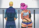  1boy 1girl ass back blonde_hair butt_crack cody_travers crop_top denim denim_shorts elbow_gloves final_fight from_behind gloves hair_slicked_back hat implied_futanari peaked_cap pink_hair pink_headwear poison_(final_fight) restroom shirt short_shorts shorts single_glove single_thighhigh spiked_hair street_fighter street_fighter_v sweat sweatdrop thighhighs toned torn_clothes torn_shirt urinal waistcoat wallace_pires 