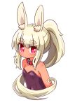  1girl animal_ear_fluff animal_ears bangs bare_shoulders blonde_hair blush bunny_ears closed_mouth collar collarbone commentary_request covered_navel cropped_torso dark_skin eyebrows_visible_through_hair hair_between_eyes heart heart-shaped_pupils highres leotard long_hair looking_at_viewer masurao_(sekaiju) naga_u pink_eyes ponytail purple_leotard red_collar sekaiju_no_meikyuu sekaiju_no_meikyuu_5 sidelocks simple_background solo strapless strapless_leotard symbol-shaped_pupils thick_eyebrows upper_body very_long_hair white_background 