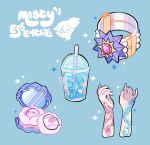  artist_name blue_background blue_nails bracelet character_name clamperl commentary cup disembodied_limb disposable_cup drinking_straw gen_1_pokemon gen_3_pokemon gyarados jewelry legendary_pokemon liquid milotic misty_(pokemon) nail_polish pokemon regice sparkle spheal starmie tattoo yamato-leaphere 