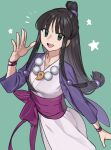  1girl absurdres ayasato_mayoi bangs black_eyes black_hair commission green_background gyakuten_saiban hand_up highres japanese_clothes jewelry kimono long_hair necklace nia_(nia4294) obi open_mouth pink_kimono purple_sash sash simple_background smile solo star_(symbol) upper_body 