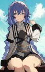  1girl ahoge bangs blue_hair blue_sky blush braid breasts capelet closed_mouth crossed_bangs dress hair_between_eyes highres long_hair long_sleeves looking_at_viewer mushoku_tensei roxy_migurdia sitting sky small_breasts thighs twin_braids yuuuuu 