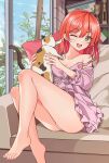  1girl absurdres animal bare_arms bare_legs bare_shoulders barefoot cat couch feet feng_shao_kky_(arj0522) highres holding holding_animal holding_cat no_bra one_eye_closed open_mouth original panties pink_skirt red_hair short_hair sitting skirt smile thighs toes underwear white_panties yellow_eyes 