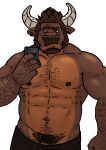  abs anthro beard big_(disambiguation) body_hair bovid bovine bulge cattle clothing coach facial_hair father hairy hairy_arms hi_res horn husky92 male mammal mature_male musclegut muscular muscular_anthro muscular_male navel nipples parent pecs pubes selfie solo underwear 