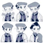  1boy ? blush closed_eyes closed_mouth commentary_request crying eating expression_chart food food_on_face greyscale hat hat_removed headwear_removed holding holding_clothes holding_hat looking_at_viewer lucas_(pokemon) male_focus monochrome multiple_views open_mouth oshi_taberu pokemon pokemon_(game) pokemon_dppt scarf short_hair short_sleeves sweatdrop tears tongue trembling 