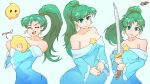  1girl aqua_dress bangs bare_shoulders breasts c_starlett cosplay cowboy_shot dress earrings fire_emblem fire_emblem:_the_blazing_blade green_eyes green_hair highres holding holding_sword holding_weapon hug jewelry long_hair long_sleeves looking_at_viewer luma_(mario) lyn_(fire_emblem) mario_(series) medium_breasts multiple_girls off-shoulder_dress off_shoulder open_mouth ponytail rosalina rosalina_(cosplay) signature smile sword weapon wide_sleeves 