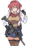  1girl alternate_costume ar-15 assault_rifle breasts commentary_request cowboy_shot dress_shirt gloves gun hair_ribbon heterochromia highres holding holding_gun holding_weapon hololive holstered_weapon houshou_marine large_breasts long_sleeves looking_at_viewer mordeth neck_ribbon plaid plaid_skirt pleated_skirt red_eyes red_hair ribbon rifle school_uniform shirt skirt solo sweater_vest thighhighs tongue tongue_out twintails weapon white_background white_shirt yellow_eyes 