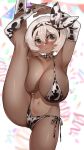  1girl alternate_breast_size animal_print armpits arms_up bangs bea_(pokemon) bikini blurry blurry_background blush bow bowtie breast_press breasts commentary cow_print dark_skin dark_skinned_female detached_sleeves english_commentary grey_eyes hair_between_eyes hair_intakes hair_ribbon kneepits looking_at_viewer nail_polish navel pokemon pokemon_(game) pokemon_swsh red_nails ribbon shiny shiny_hair shiny_skin short_hair side-tie_bikini solo split standing standing_on_one_leg standing_split string_bikini sumisumii swimsuit thighs white_hair 